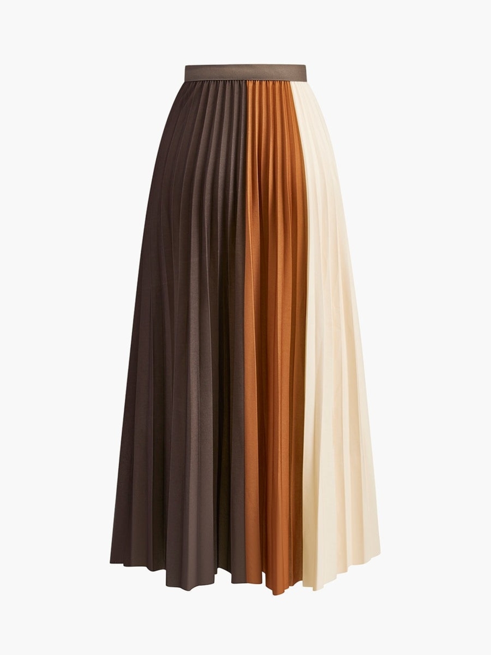 Commense Colorblock Pleated Maxi Skirt — Brown, Rust & Cream